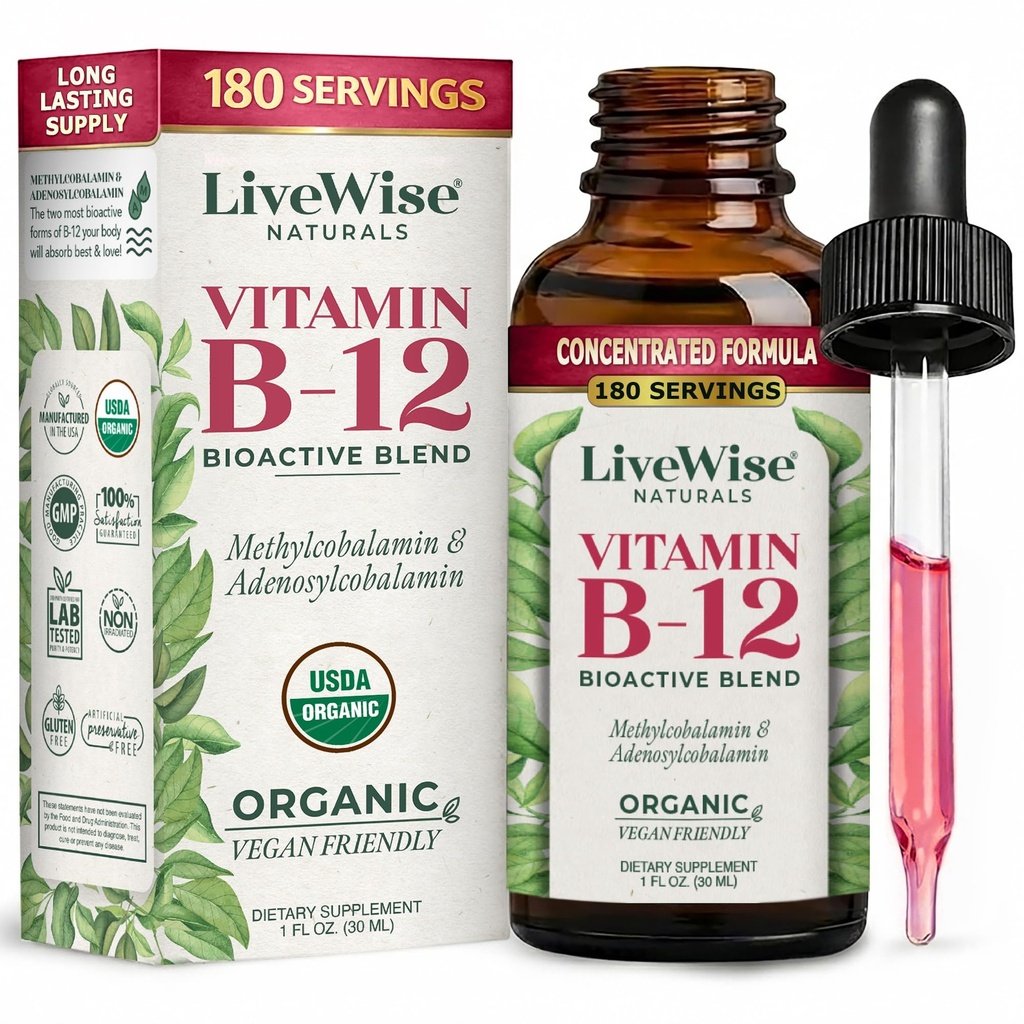 LiveWise Naturals B12 Witamina Drops Non-GMO, Organic Bioactive Mieszanka dla energii, Klarowność, Focus i Easy Absorpcja, Adenosylcobalamina & Methylcobalamine Supplement, Wegan, Gluten- Free, Dair-Free