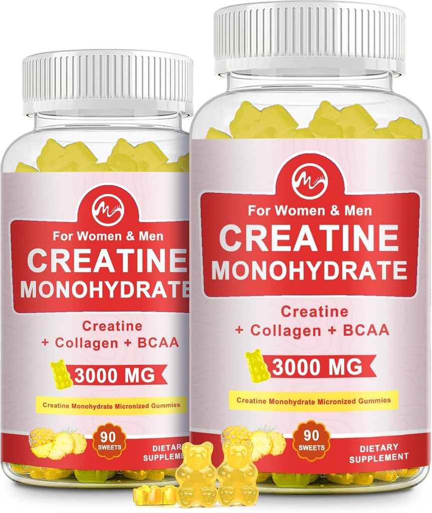 Gummy kreatynowe, 3g Monohydratu kreatynowego na serwowanie, Monohydrat cukrowy dla mięśni wzrost i siła z 0,5g Kolagen, 0,2g BCAA, 60 Służenia, Flavor ananasowy, 2 Pack