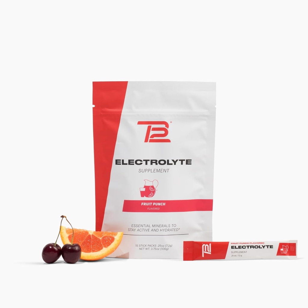 TB12 Elektrolity w proszku Pakiety owocowe Punch - Mineral- bogaty proszek elektrolitowy do szybkiego nawadniania Tom Brady - Naturalny, niski cukier, Wegan, Gluten- Free, Łatwy do wymieszania - 15 Stickpack
