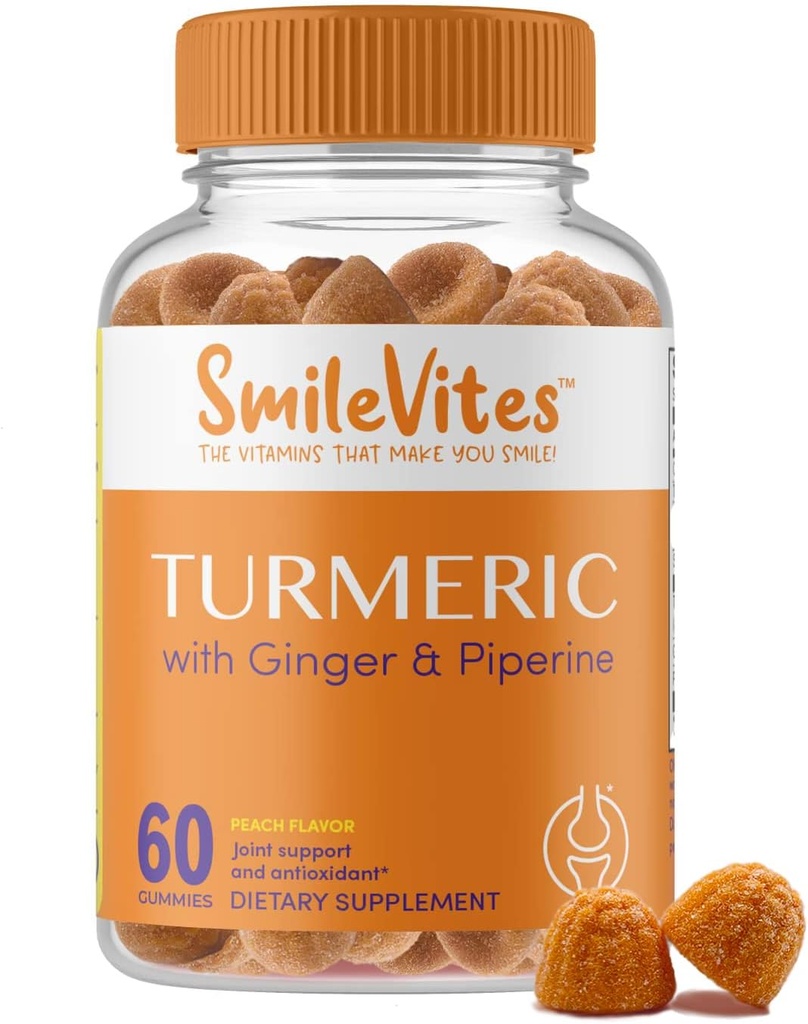 Turmerowe Gummie z Curcumin, Ginger & Piperine 124; Joint Support Gummies Between 124; Antyoksydant & Digestive Health Support Between 124; Premium Quality Between 124; Peach Flavor Between 124; 60 Count