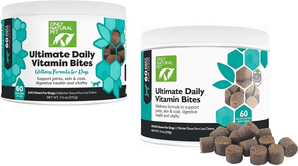 Tylko naturalny Pet Ultimate Daily Vitamin - Kompletny suplement multiwitaminowy dla psów Zbalansowane zdrowie i witalność - Senior Small & Large Canine Food Immune Digestive Support -60 Soft Chews (Pack of 2)