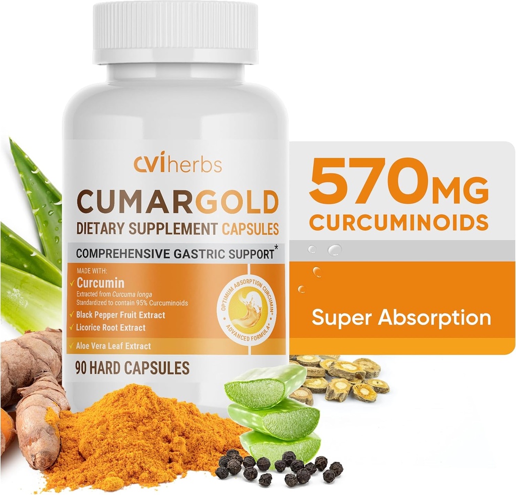 Cumargold 570mg Kurkuminoidy Kurkumina Kurkumina suplement z piperyną, Licorice Root & Aloe Vera - Kapsułki o dużej mocy Naturalne Wellness (90 Hrabia)