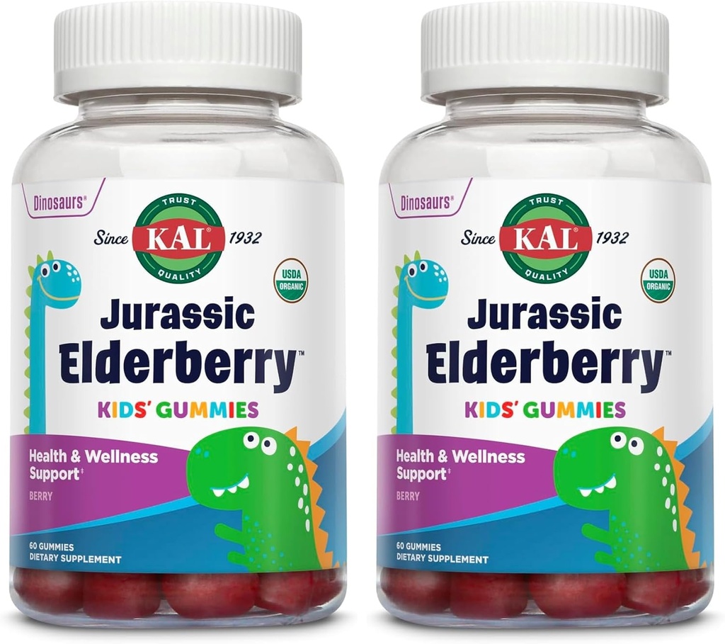 KAL Jurassic Elderberry Kids Gummies YO124; Healthy Immune Support YO124; USDA Organic, Vegan, Gluten Free YO124; 30 Serv, 60 Ct (Opakowanie 2)