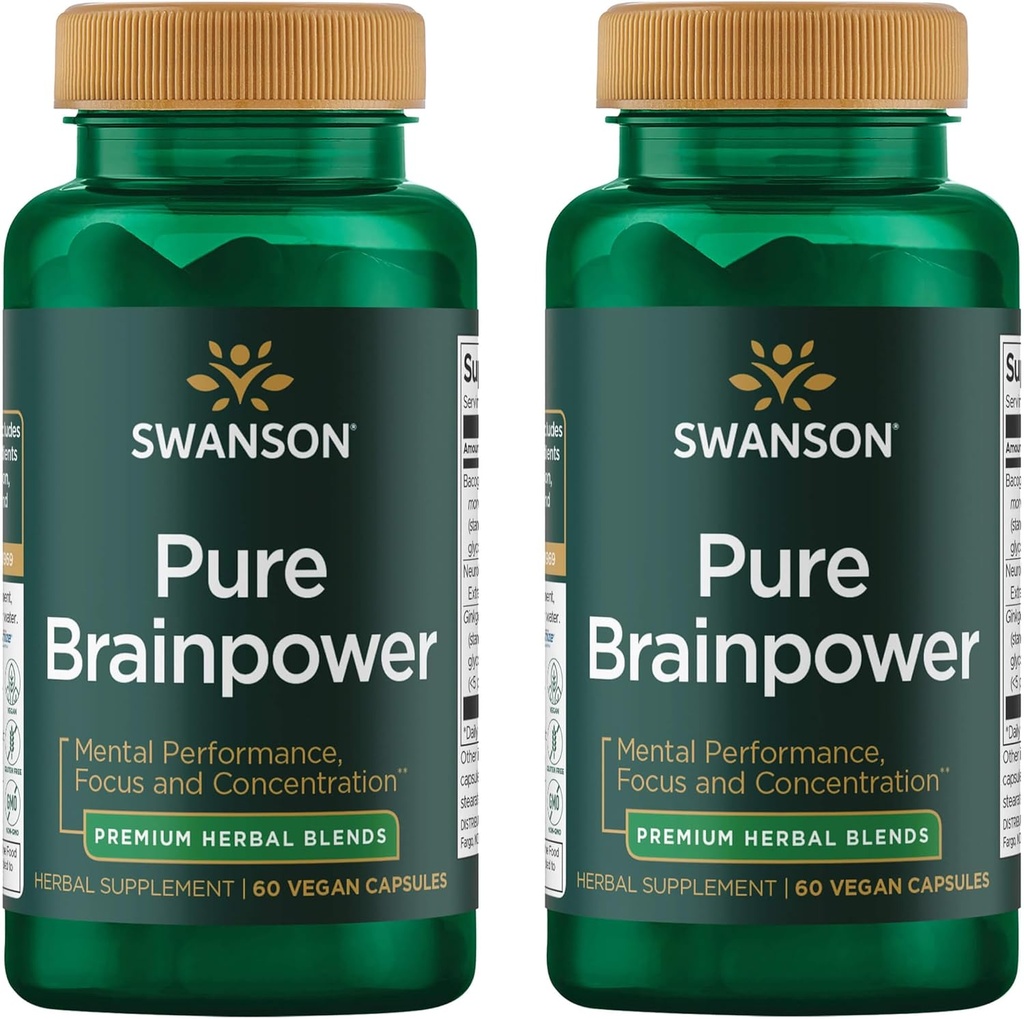Swanson Pure Brainpower Brain Health Cognitive Memory Focus Support Brain- Derived Neurotrophic Factor (BDNF) Herbal Supplement (Ginkgo Biloba, Bacopa Monnieri) 60 Veggie Capsules (Veg Caps) (2 opakowania)