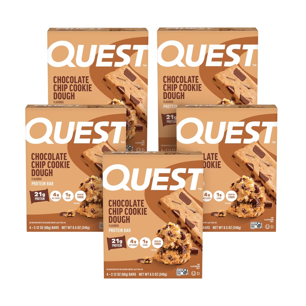 Quest Nutrition Chocolate Chip Cookie Dough - Wysokie białko, niskie węglowodany, Gluten Free, Keto Friendly, 2.12 Oz, 20 Count (4 opakowania po 5)