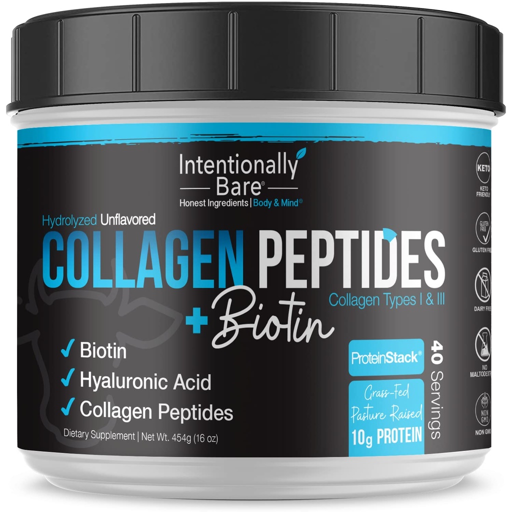 Intencjonalnie Bare Collagen Powder Unflavored - Collagen Peptydes Powder with Biotin & Hyaluronic Acid - Non- GMO & Grass Fed Collagen Powder with 10g Protein - Keto Collagen Powder 40 Servings