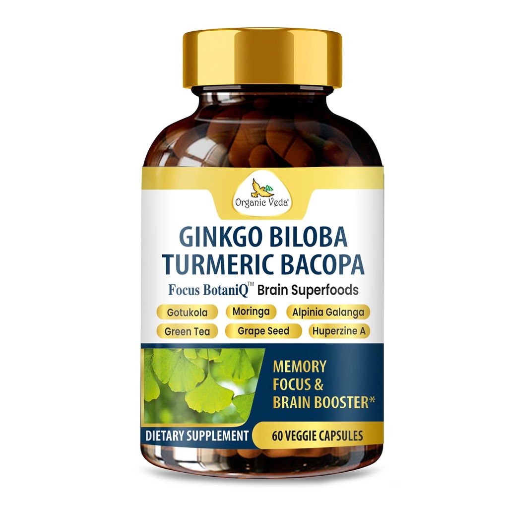 Organiczne Veda Ginkgo Biloba Turmeric Bacopa Suplement mózgu dla pamięci, nastrojów i ostrości z Ashwagandha - Koncentracja, Energia & Booster mózgu, Zdrowe połączenia i wsparcie cyrkulacyjne - 60 Vegan kapsułki