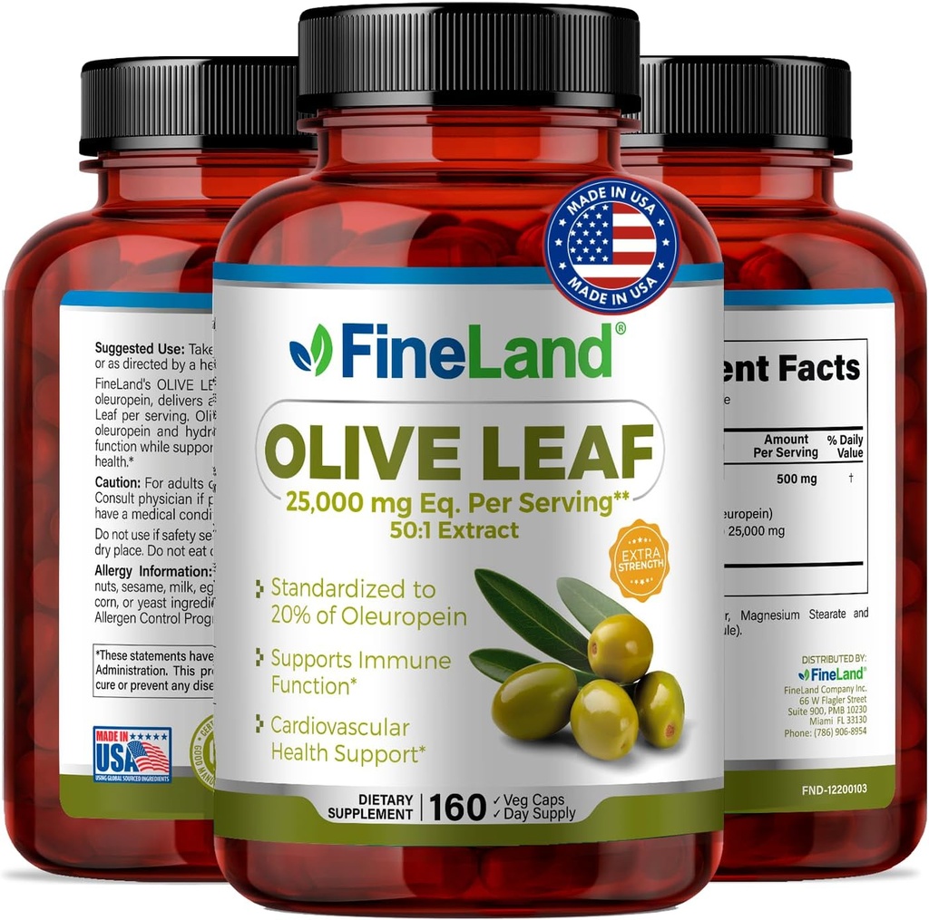 FineLand Olive Leaf Extract 50x - 25,000mg Eq. per Serving Neuro124; 160 Vegan Caps, Olive Extract with 20% Oleuropein Neuro124; Herbal Antioksydant Supplement for Circulative and Immune Support, Made in USA