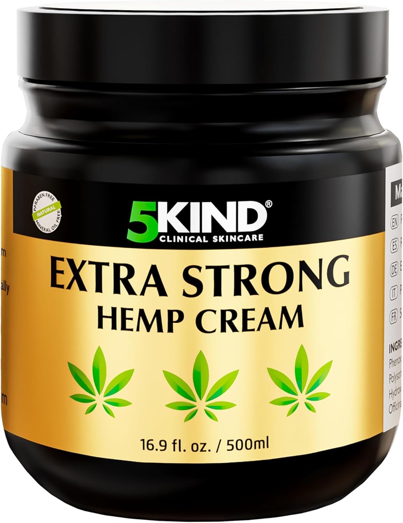 5kind Extra Strong Hemp Cream 16.9 fl oz- Maksymalna wytrzymałość - Natural Soothing Relief - Muscle Rub for Lower Back, Joints, Neck, Knees & Shoulders - Maksymalna moc Hemp Cream
