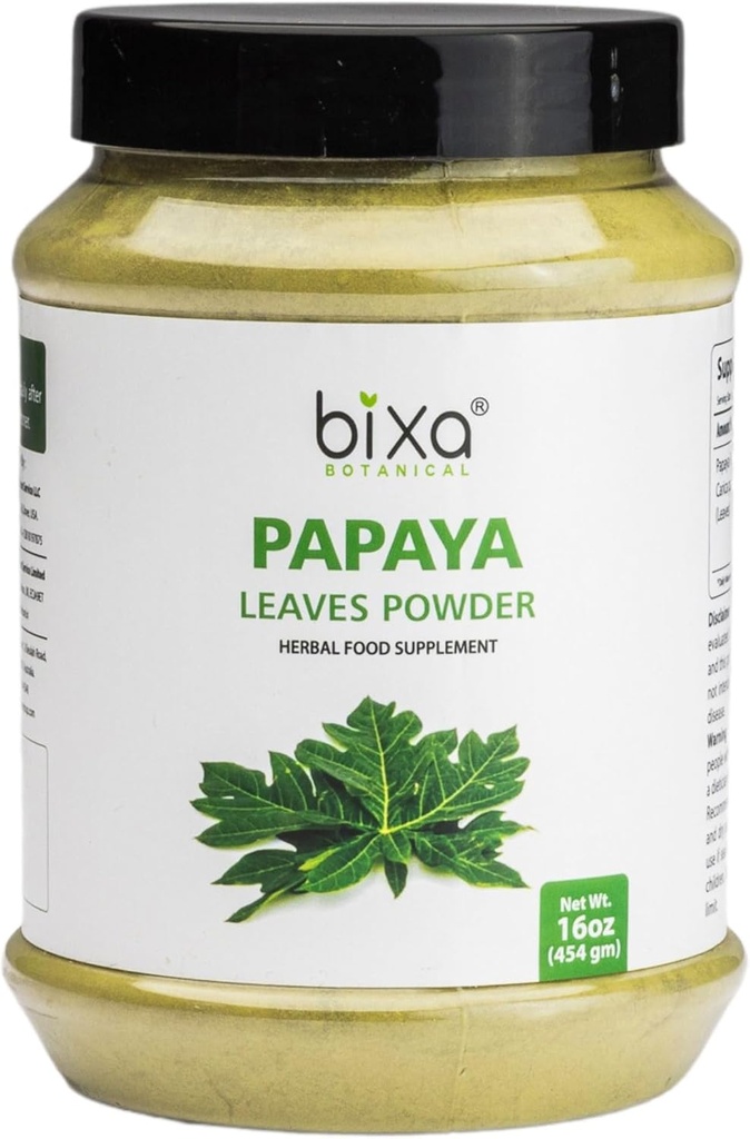 Bixa BOTANICAL Papaya Leaf Powder Incorporation 124; Carica Papaya Incorporated 124; 1 Funt / 16 OZ Incorporation 124; Ayurvedic Herbal Supplement Agregable 124; Gluten Free, Non-GMO, Steam Treated, Vegan, 100% Pure.