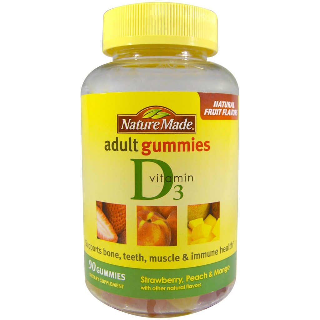 Nature Made Witamina D 3 dorosłe gumki truskawka - brzoskwinia i mango, 90 gumek, 3 hrabia