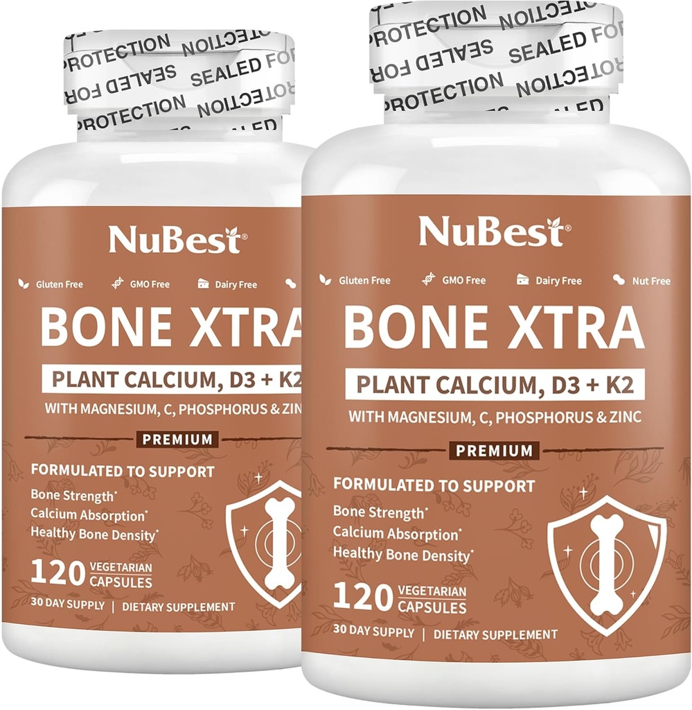 NuBest Bone Xtra Plant- Based Bone Strength Formula z wapniem, Magnez z morskich Algae, Phosphorus, Witamina C, K2, D3