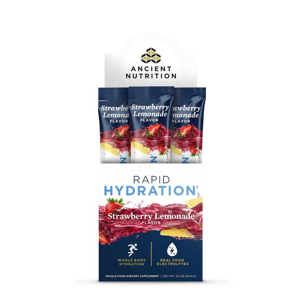 Ancient Nutrition Rapid Hydration Powder, Lemoniada truskawkowa, Electrolytes from Natural Sea Salts and Red Marine Algae, Wspiera szybkie nawodnienie ciała i zdrowia komórkowego, 15 Służenie