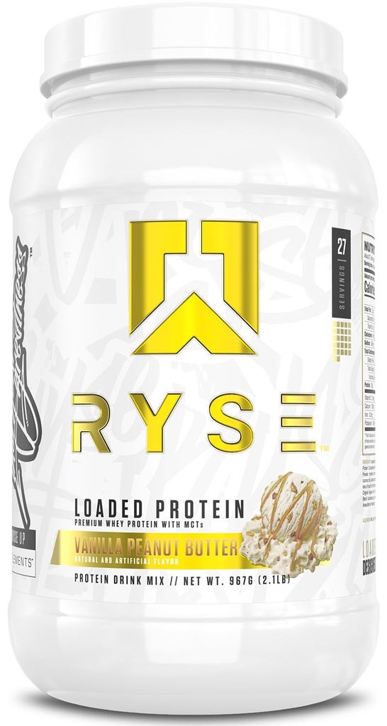 RYSE w proszku z białkiem nasyconym - Wanilia Masło orzechowe - 25g Izolat białka serwatki & Koncentrat z włóknem prebiotycznym & MCTs - Niskie węglowodory, niski cukier, Przyjazny do spożycia - 27 Sług / 2 lb Tub