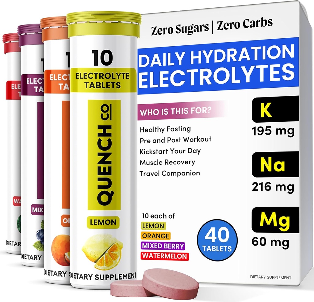 Quench Electrolyte Tablets 40 Count Instant Hydration, Electrolytes, Post Electrolytes No Sugar for Optimal Hydration Support Not Powder - Arbuz, Pomarańcza, Mieszane Berry, Lemon Flavors