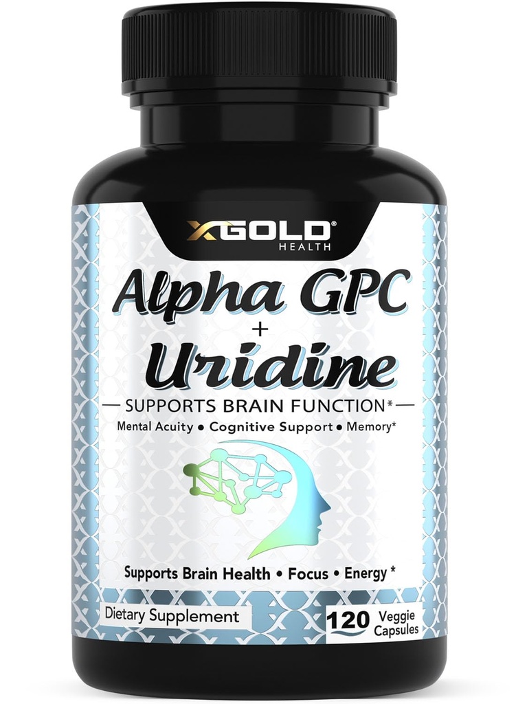 Alpha Gpc + Uridine 900mg - Potężny Nootrop do Boost Focus, Pamięci, Energii, Nastrojów i Cognitive Performance - 120 Kapsułki wegetariańskie