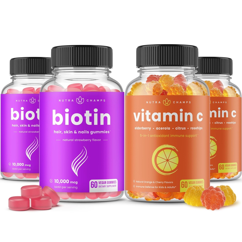 NutraChamps Biotin Gummies (2 opakowania) i Witamina C Gummies (2 opakowania) 4 Pack Bundle