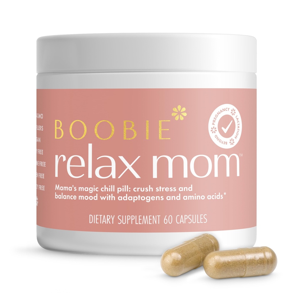 Boobie Relax Mama, Poppartum Stress Supplement Supplement Adresat 124; Laktowanie Zatwierdzone Adresat 124; Mood and Energy Support with Ashwagandha & L- Theanine, 60 Kapsułki