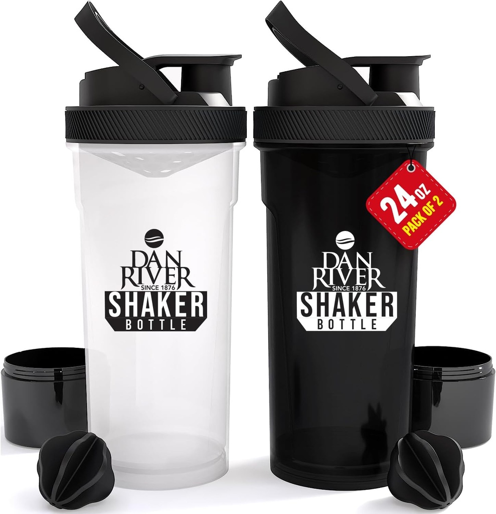 DAN RIVER 2-Pack Shaker Butelka Biżuteria 124; 24oz Plastic Protein Shaker & Mixer Biżuteria 124; Twist & Lock Design for Smoothies & Protein Mieszaniny Biżuteria 124; Trwałe, Leak- Proof, Łatwe do czyszczenia 124; Przezroczyste i czarne butelki Shaker dla siłowni