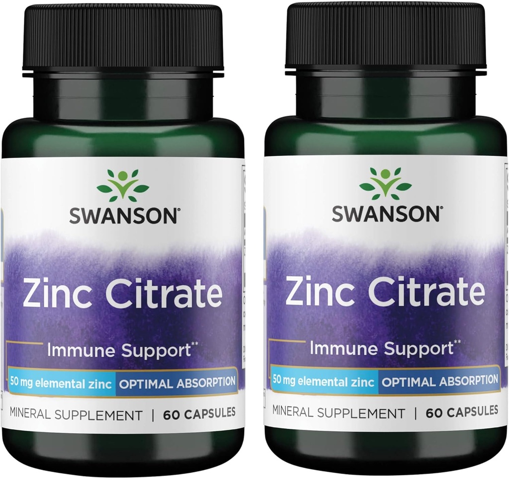 Cytrynian cynku Swanson - Suplement mineralny Promowanie zdrowej wizji i zdrowia układu immunologicznego - Naturalna formuła wspierająca ogólne zdrowie - (60 kapsułek, 50 mg każdy) (2 opakowania)