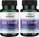 Cytrynian cynku Swanson - Suplement mineralny Promowanie zdrowej wizji i zdrowia układu immunologicznego - Naturalna formuła wspierająca ogólne zdrowie - (60 kapsułek, 50 mg każdy) (2 opakowania)