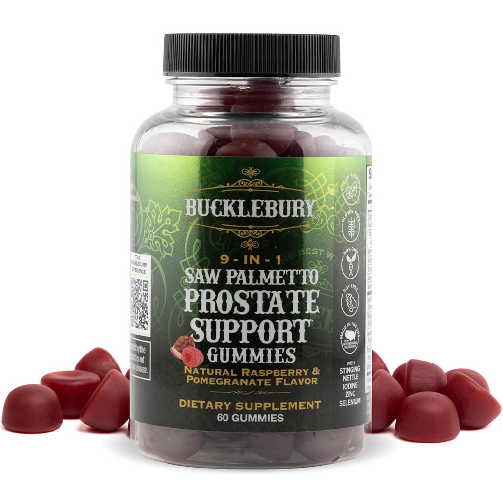 BUCKLEBURY 9- in-1 Natural Saw Palmetto Gummies z Malina & Pomegranat Flavor - Plant- Based Prostate Supplements for Mens Bladder Health, Wzrost włosów i wsparcie moczu - 60 Gummies