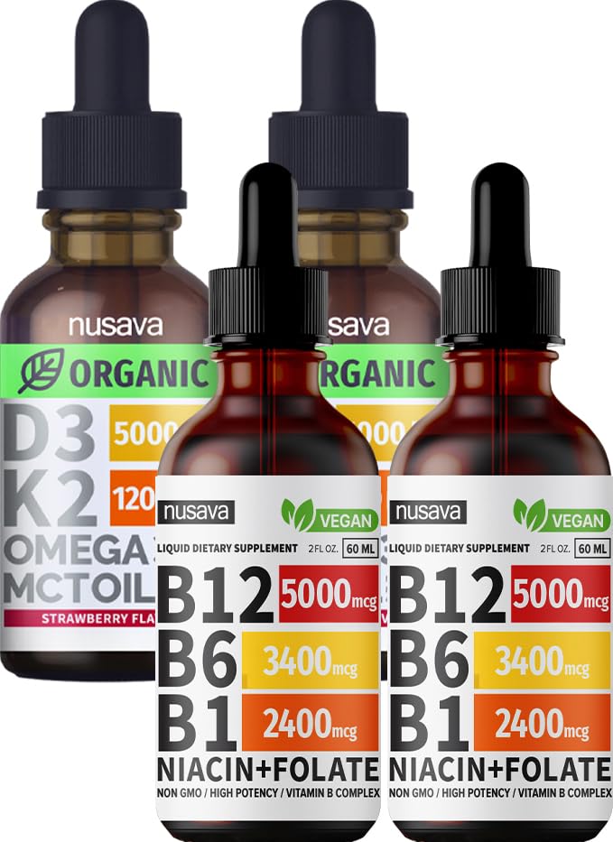 Nusava Witamina B12 Krople płynne i Truskawkowe Paleta D3 K2 Paleta - Silne Witaminy Płynne do Serca, Joint, Energia, & Wsparcie immunologiczne - Nie- GMO, Gluten- Free, 2pk Każdy