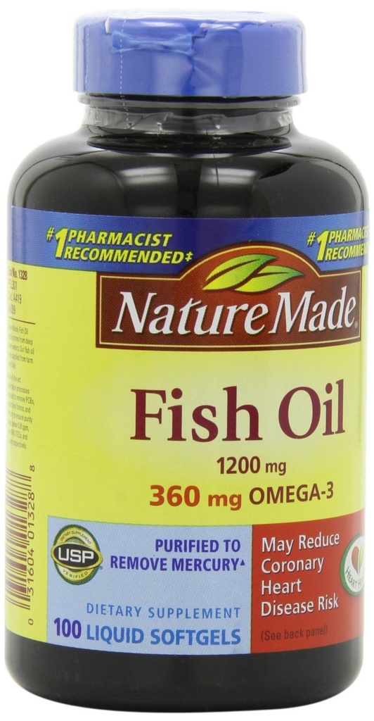 Nature Made Fish Oil 1200mg, 360mg Omega-3 100 Liquid Softgels (3 opakowania)
