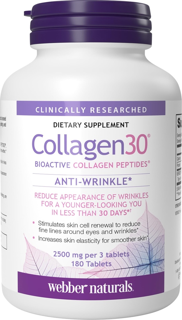 Webber Naturals Collagen30 Anti-Wrinkle, 2500 mg Bioactive Collagen Peptides Peptides Per Serving, 180 tabletek, pomaga zmniejszyć głębokie zmarszczki, Fine Lines & Stymuluje komórki skóry, Nie GMO, Dairy & Gluten Free