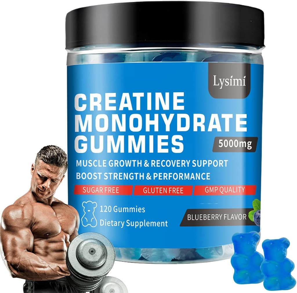 Jednowodzian Gummie - 5g Jednowodzian Stworzenia na służby- Zwiększyć siłę i budować mięśnie, Bez cukru, Wegan, Blueberry Flavor, Każda butelka / 120 Kapsułki, dla mężczyzn i kobiet (1)