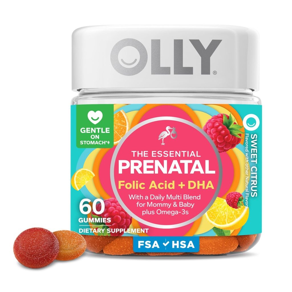 OLLY Prenatal Multivitamin Gummy, Wspiera zdrowy wzrost i rozwój mózgu, Kwas foliowy, Witamina D, Omega 3 DHA, Suplement do żucia, Citrus Berry Flavor, 30 Day Supply - 60 Count