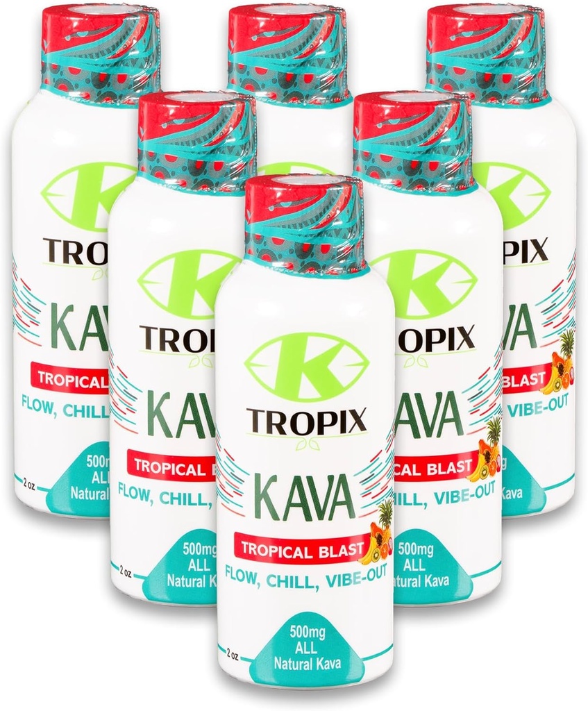 K-Tropix Kava Shot Tropical Blast - 500mg Wellness Shots to Promote Relaxation and Reduce Worry - Kava Drink - Worry, Tension, Strain Relief Supplement - 6 Pack