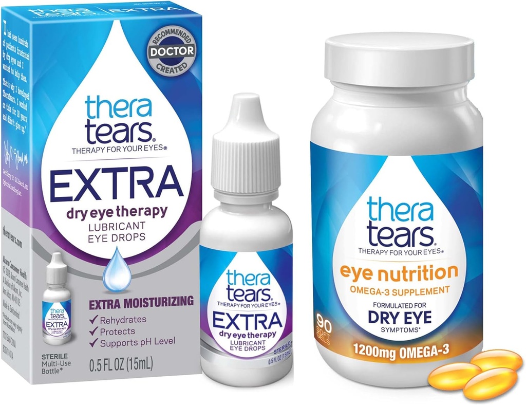 TheraTears 1200mg Omega 3 Supplement for Eye Nutrition, Organic Flaxseed Trigliceryde Fish Oil & VIT E, 90 Count Eye Drops, Extra Dry Eye Therapy, 15 ml, 0,5 Fl oz