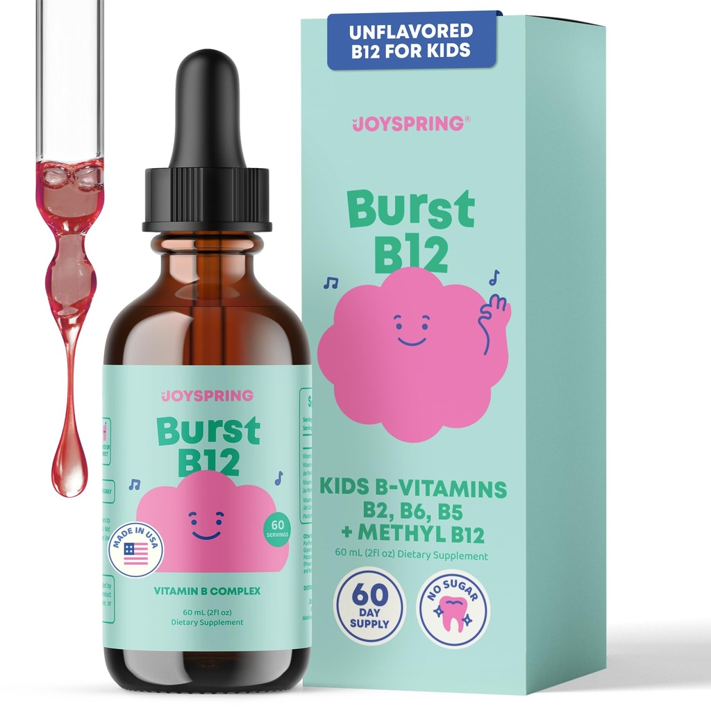JoySpring Burst B12 Dropy - Kompleks witaminy B dla dzieci (2 fl oz) B2, B6, B5 + Methylcobalamina B12 Dzieci Suplement do wspierania zdrowego wzrostu i rozwoju, Wegan B12, Wiek 2- 16 + Wiek 124; 60 Służenie