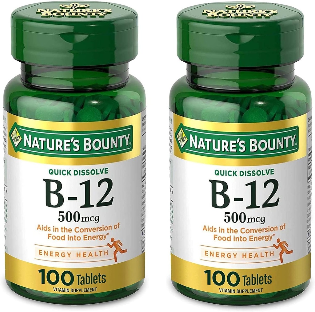 Bounty Witamina B12, Wspiera metabolizm energii i zdrowie układu nerwowego, 500µg, Tabletki, 100 Ct (Opakowanie po 2)