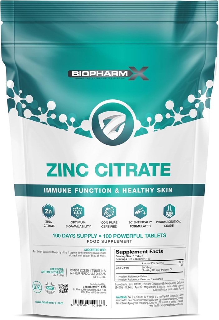 Cytrynian cynku (100% Czysty Certified / Maksymalna moc 50mg tabletki x 100 (1 na dzień)