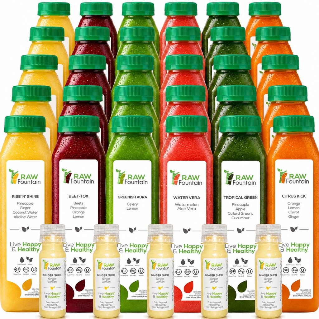 5 dni Sok Czyszczenie przez surowej fontanny, Tropical Flavors, Wszystkie naturalne Surowe, Cold Pressed Fruit i Soki roślinne, Detox Cleanse, 30 butelek 12oz, 5 Bonus Imbir Shots