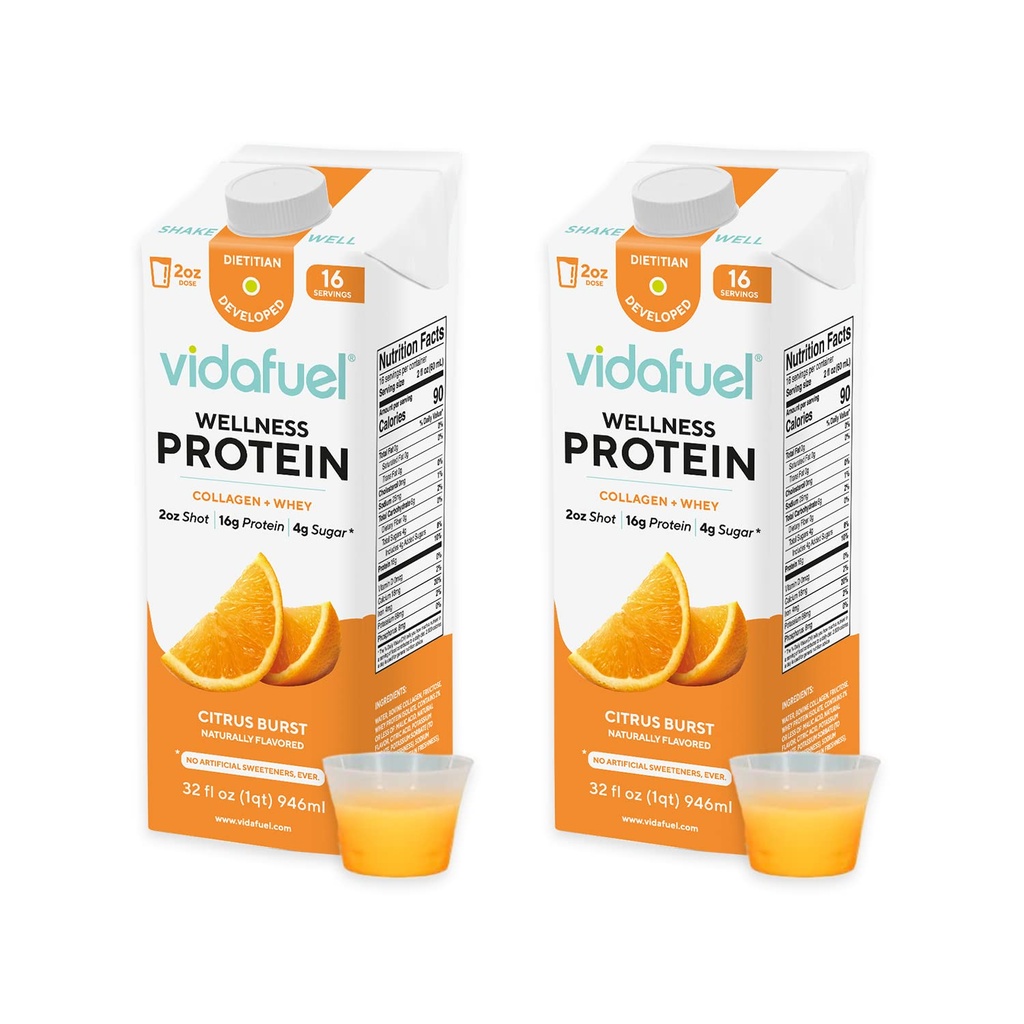 Vidafuel Napoje białkowe, 16 g Białko na 2oz Shot, 32 fl Oz Pudełko kartonowe, 2 opakowania, Citrus, Collagen i Napoje serwatkowe, Brak sztucznych słodzików