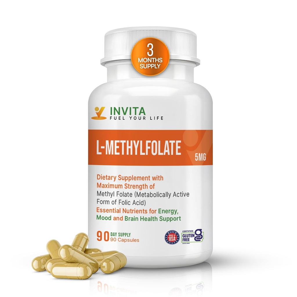 INVITA L- Metylfolan - Aktywny, profesjonalny, aktywny folian metylowy - suplement 5-MTHF dla energii, nastrojów i wsparcia immunologicznego - Nie GMO, Gluten Free, Nie Fillery (5 Mg)
