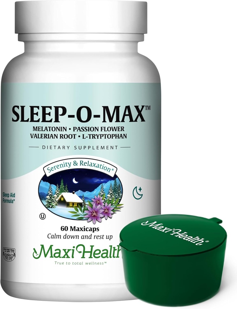 Maxi Health Natural Sleep Supplement Herbal Sleep- O- Max z Valerian Root, Melatonin, Tryptofan, Passionflower - Formuła wsparcia snu dla dorosłych z zielonym Pillbox