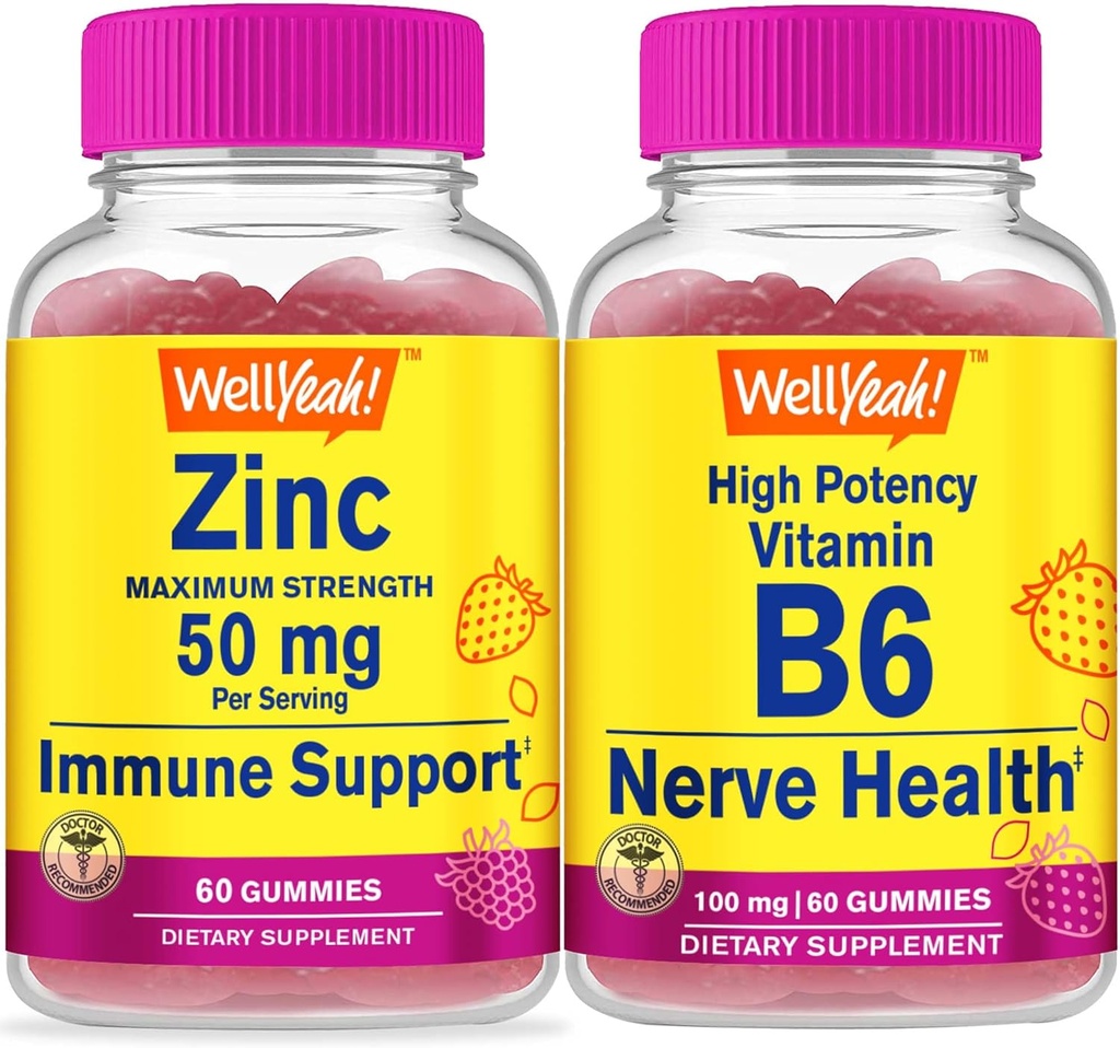 WellYeah Cynk + Witamina B6 o dużej mocy, Gummies Bundle - Great Desting, Suplement witaminy, Gluten Free, GMO Free, Gummy do żucia