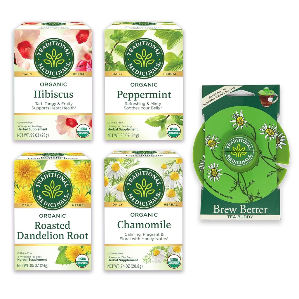 Tradycyjne Medicinals, Organic Variety Pack for Wellness w czterech soothing Flavors, obejmuje miętę pieprzową, rumianek, Hibiscus, pieczone Dandelion Root, Tea Buddy, 64 Tea Bags, (4 Pack)