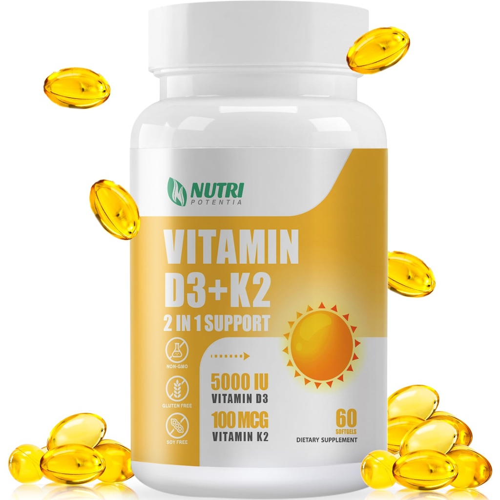 Witamina D3 K2 z olejem MCT, Witamina D3 5000 j.m. i K2 100mcg, Formuła 2 w 1 dla Bone and Heart Health, Gluten Free - 60 Hrabia Softgels