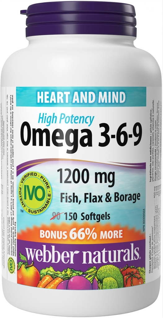 Webber Naturals Omega 3- 6- 9 Siemię lniane, Oleje rybne i mineralne 1200 mg, 150 softgeli