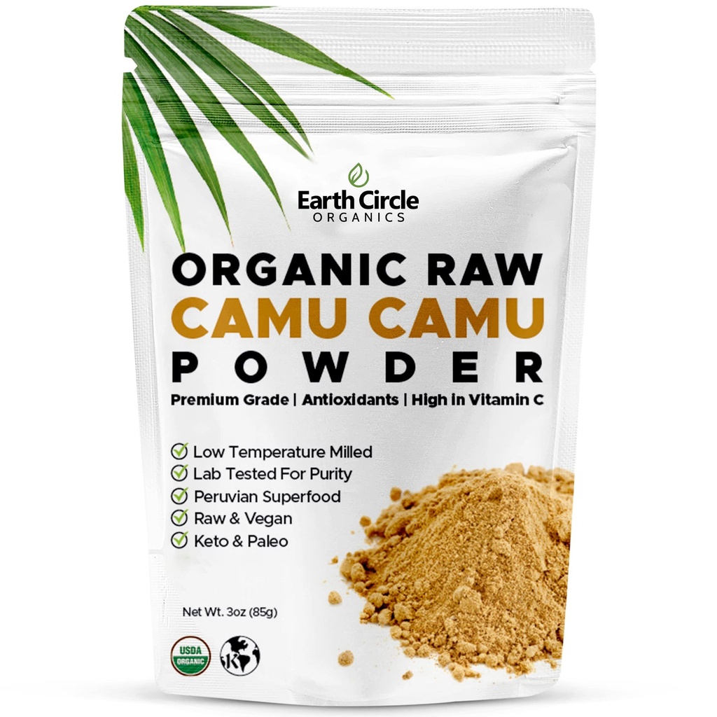 Earth Circle Organics Camu Camu Proszek - organiczny surowy proszek jagodowy z naturalną witaminą C i przeciwutleniaczami - Wegan, Kosher, Nie-GMO Superfood dla odporności i energii - 3oz (Opakowanie 1)