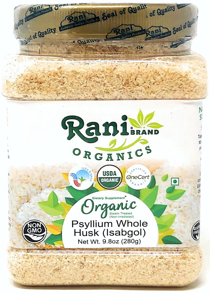 Rani Organics Psyllium Whole Husk Powder (Isabgol), Dietary Fiber Supplement, USDA Organic 9.8oz (280g) PET Jar ~ Wszystkie naturalne 124; Wegan 124; Gluten Friendly 124; Nie-GMO 124; Pochodzenie indyjskie