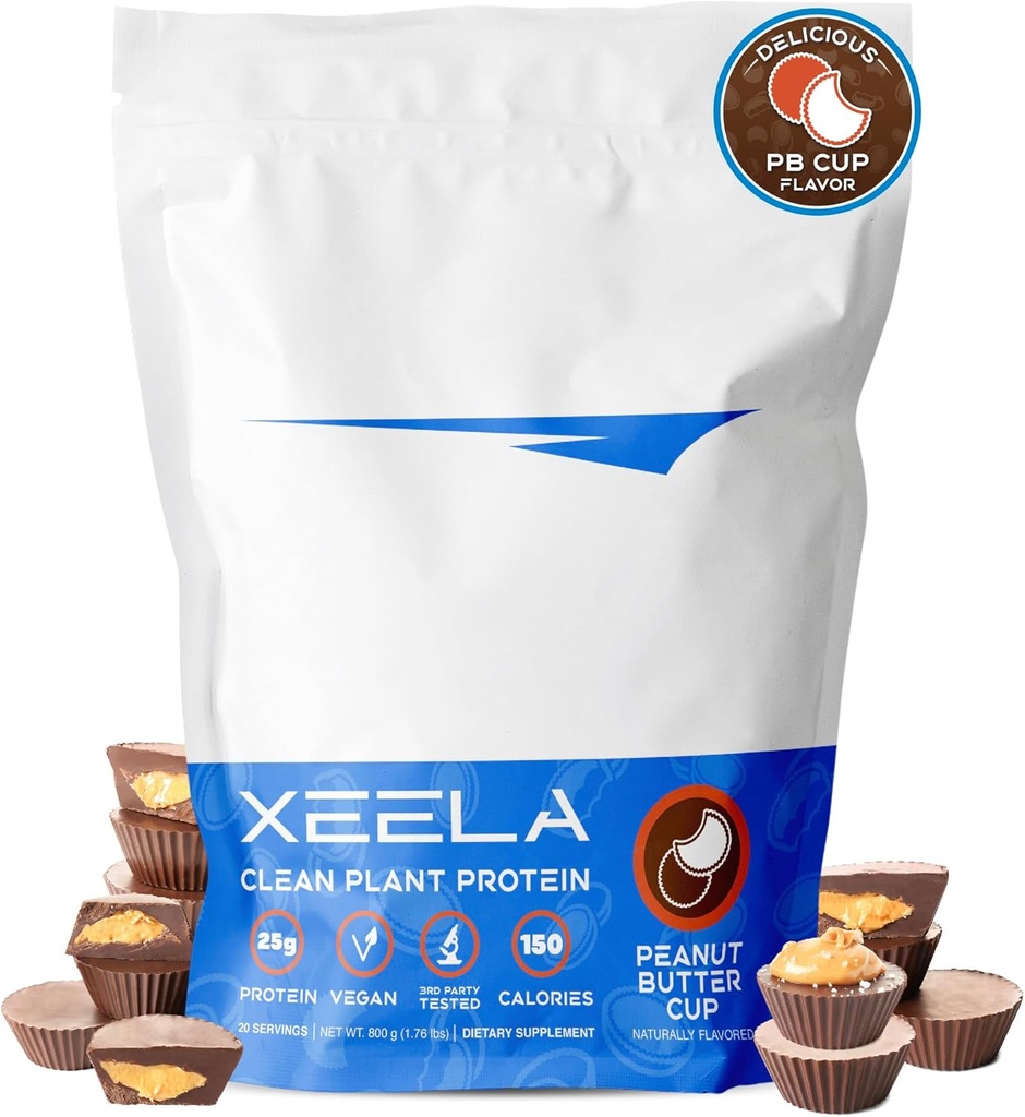 XEELA Plant Based Vegan Protein Powder - Independently Tested - 25g High Protein, Pea Protein for Men & Women - Vitamin & Minerals, Non GMO, Dairy & gluten Free, LowCarb & LowFat (Puchar masła orzechowego)