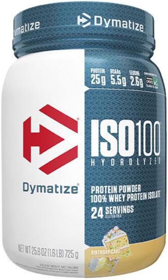 Dymatyzacja ISO 100 Proszek białkowy serwatki z 25g Zhydrolizowanego 100% Izolatu serwatki, Bez glutenu, Szybkie trawienie, Tort urodzinowy, 1.6 Funt