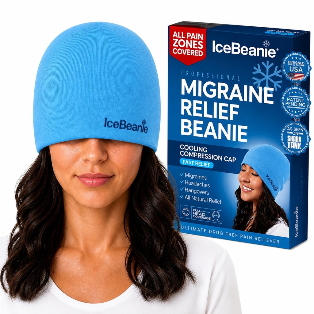 IceBeanie Migrena Relief Cap, Jak widać na zbiorniku Shark, Miękkie i rozciągliwe Gel Napięcie Ból głowy Relief Cap, Rozszerzony chłodzenie Kac Kac Czapka, Odurzająca głowa Pack lodu Wrap, Ból głowy Migrena Mask